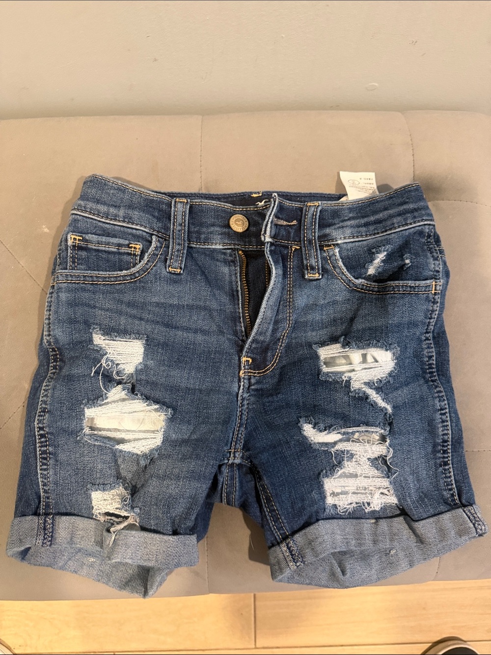 Hollister Distressed Dark Blue Rolled-Hem Denim Shorts